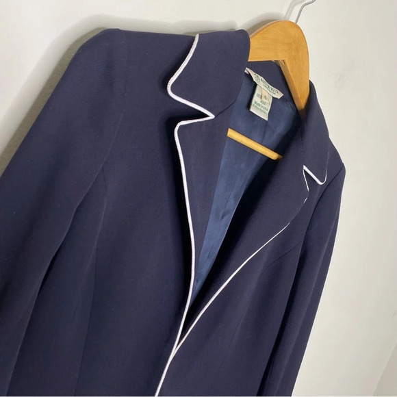 Austin Reed Vintage Navy Blue White Piping 100% Worsted Wool Blazer Women's 6 - Picture 2 of 11